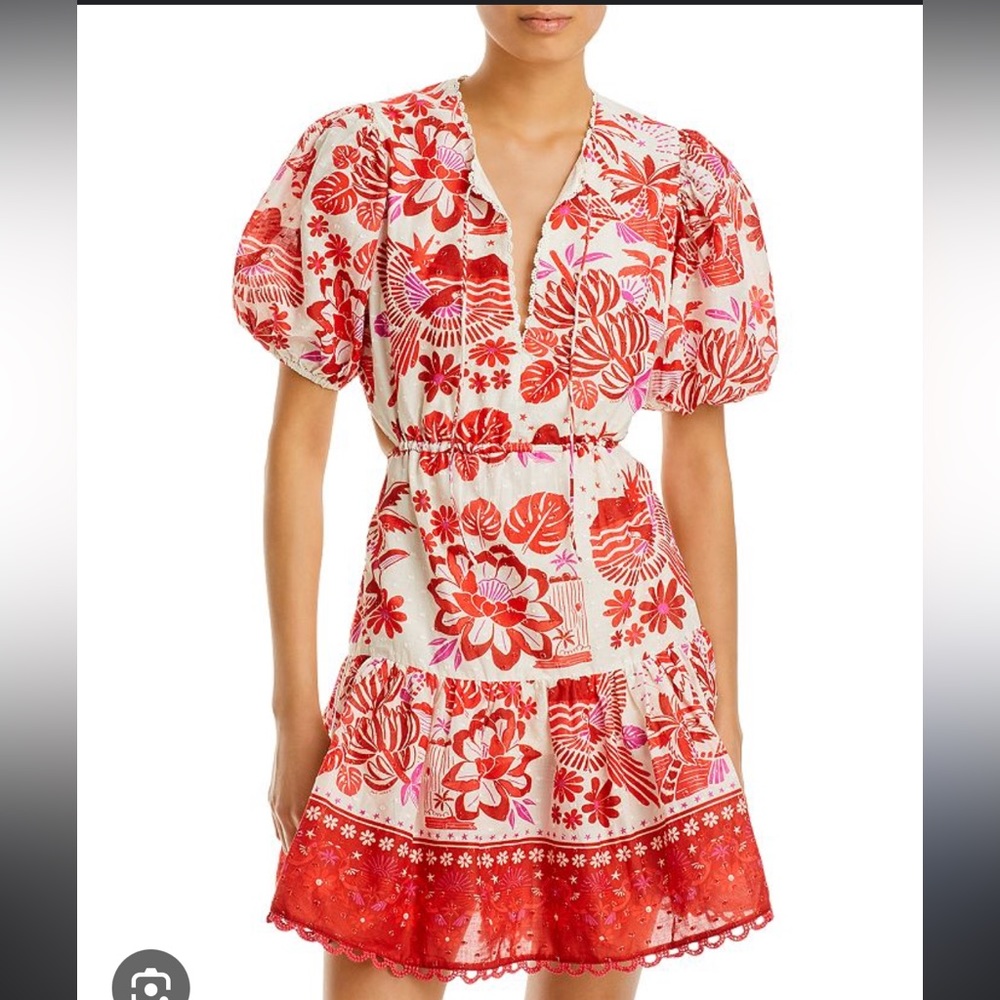FARM Rio Off-white Rio Tiles Puff Sleeve Mini Dress